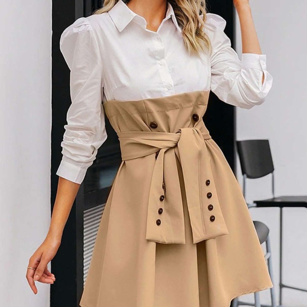 💖 Tan Color Block Belted Button Front Dress